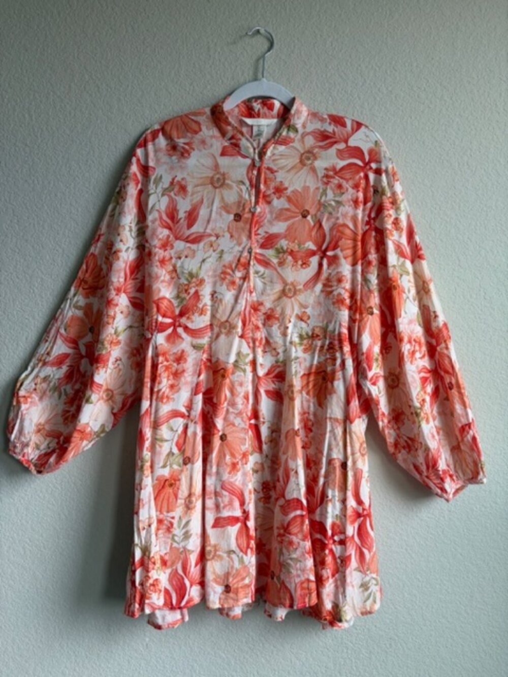 H&M Coral Babydoll Flora Mini Dress Cotton Large Boho Flowy Cottagecore Coastal - Picture 2 of 11